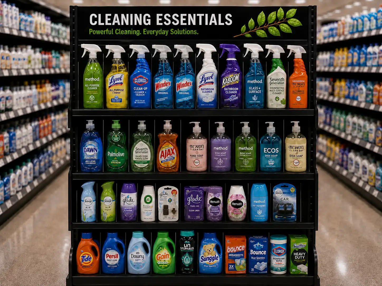 Fully stocked household cleaning gondola with each row brought to the edge by a shelf pusher