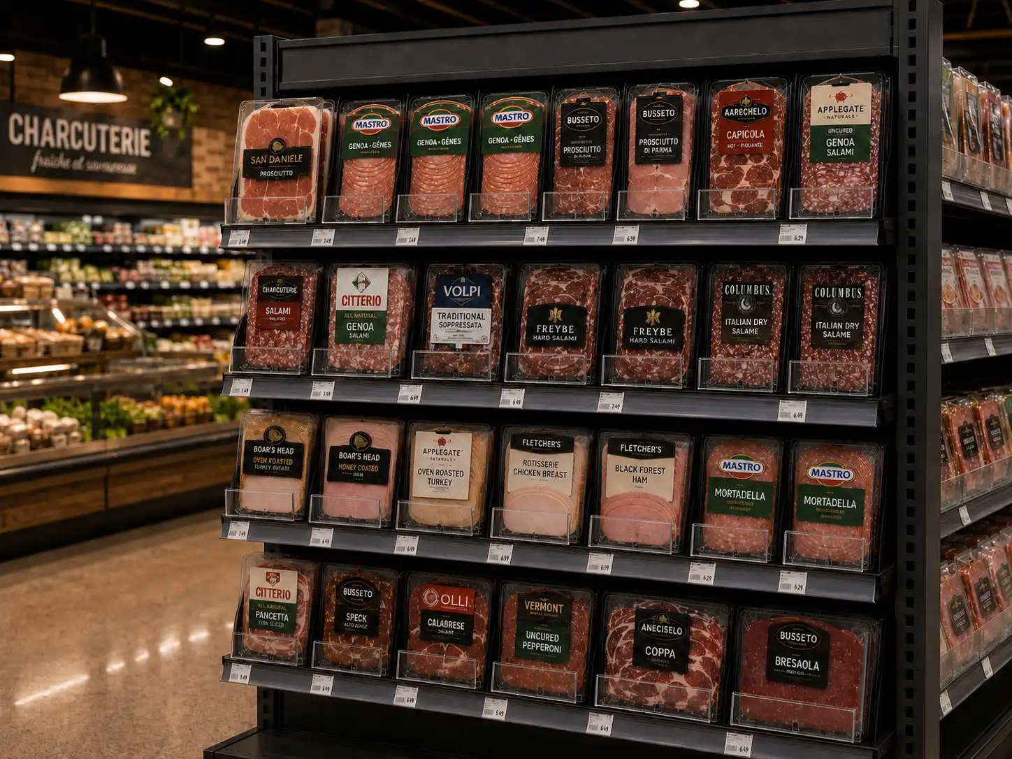 Rayon de charcuterie en enfilade — Systèmes de poussoirs à tablettes pour charcuterie | Concept P.O.S. Vue en enfilade d'un rayon de charcuterie où les poussoirs gardent les emballages à l'avant