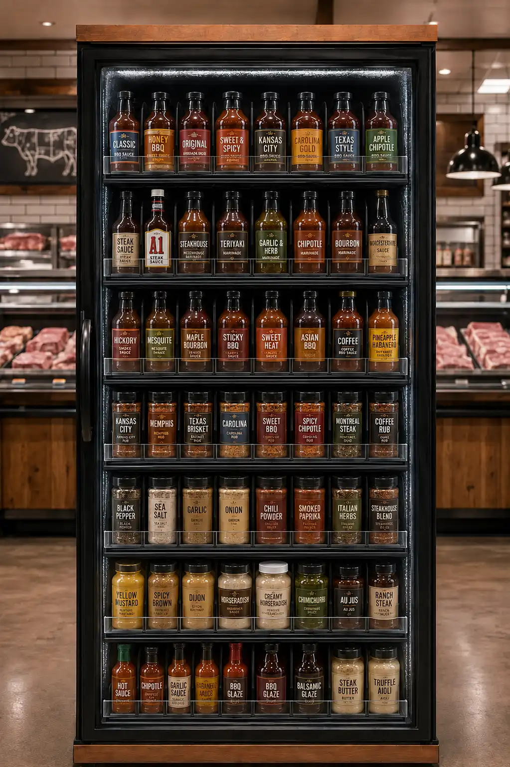 Marinade bottles in butcher shop — Shelf Management Systems for Butcher Shops | Concept P.O.S. Tall bottle rack of marinades in a butcher shop, lined up by shelf dividers