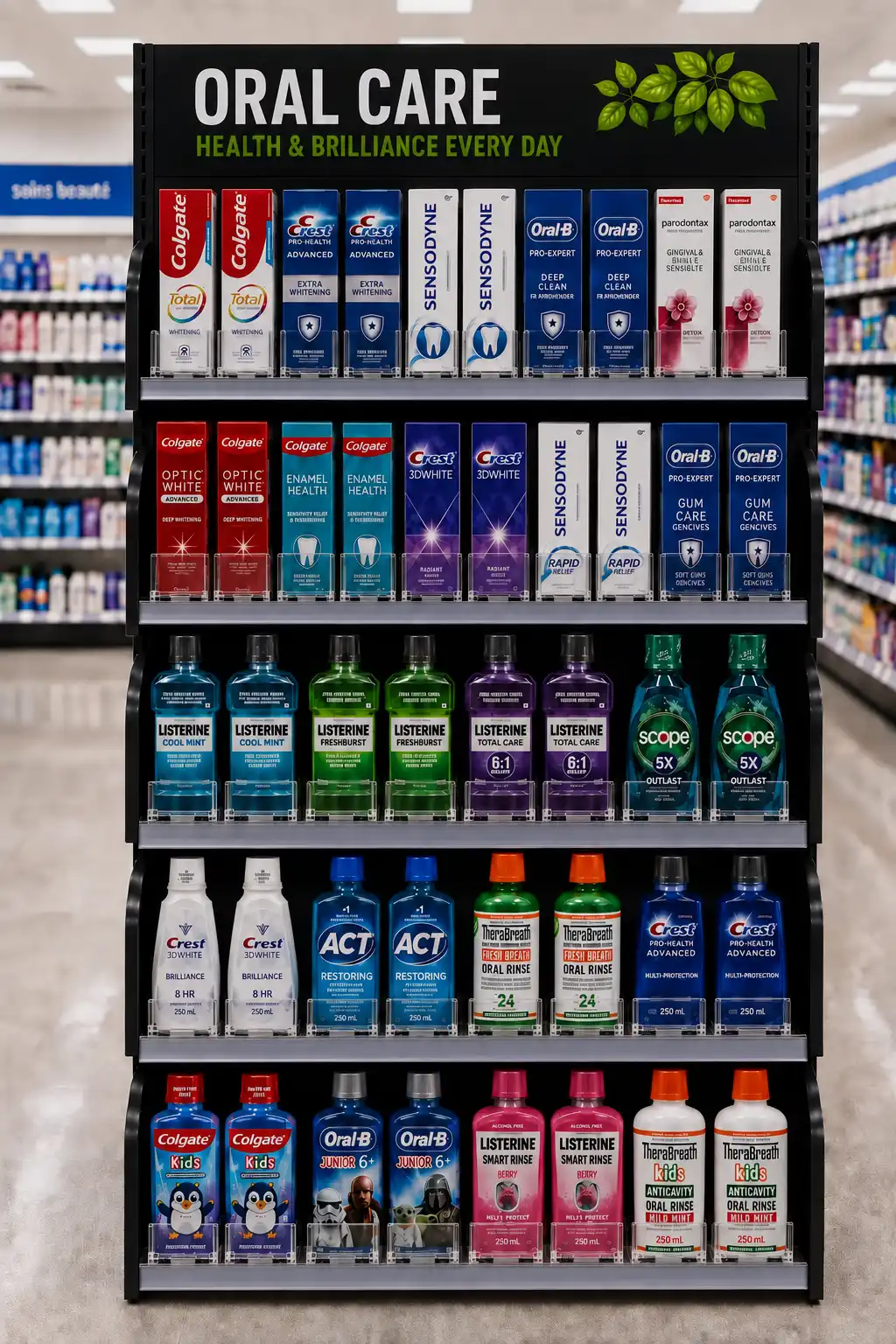 Oral care shelf display — Personal Care Shelf Management Systems | Concept P.O.S. Oral care aisle within personal care: toothpaste and mouthwash kept front-facing