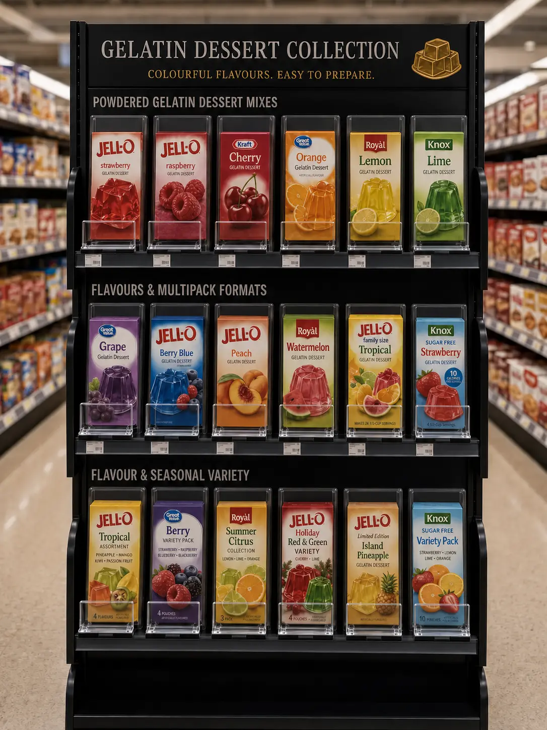 Rayon de desserts à la gélatine — Systèmes de poussoirs à tablettes pour desserts | Concept P.O.S. Rayon de desserts à la gélatine : petites boîtes colorées maintenues serrées par des poussoirs étroits