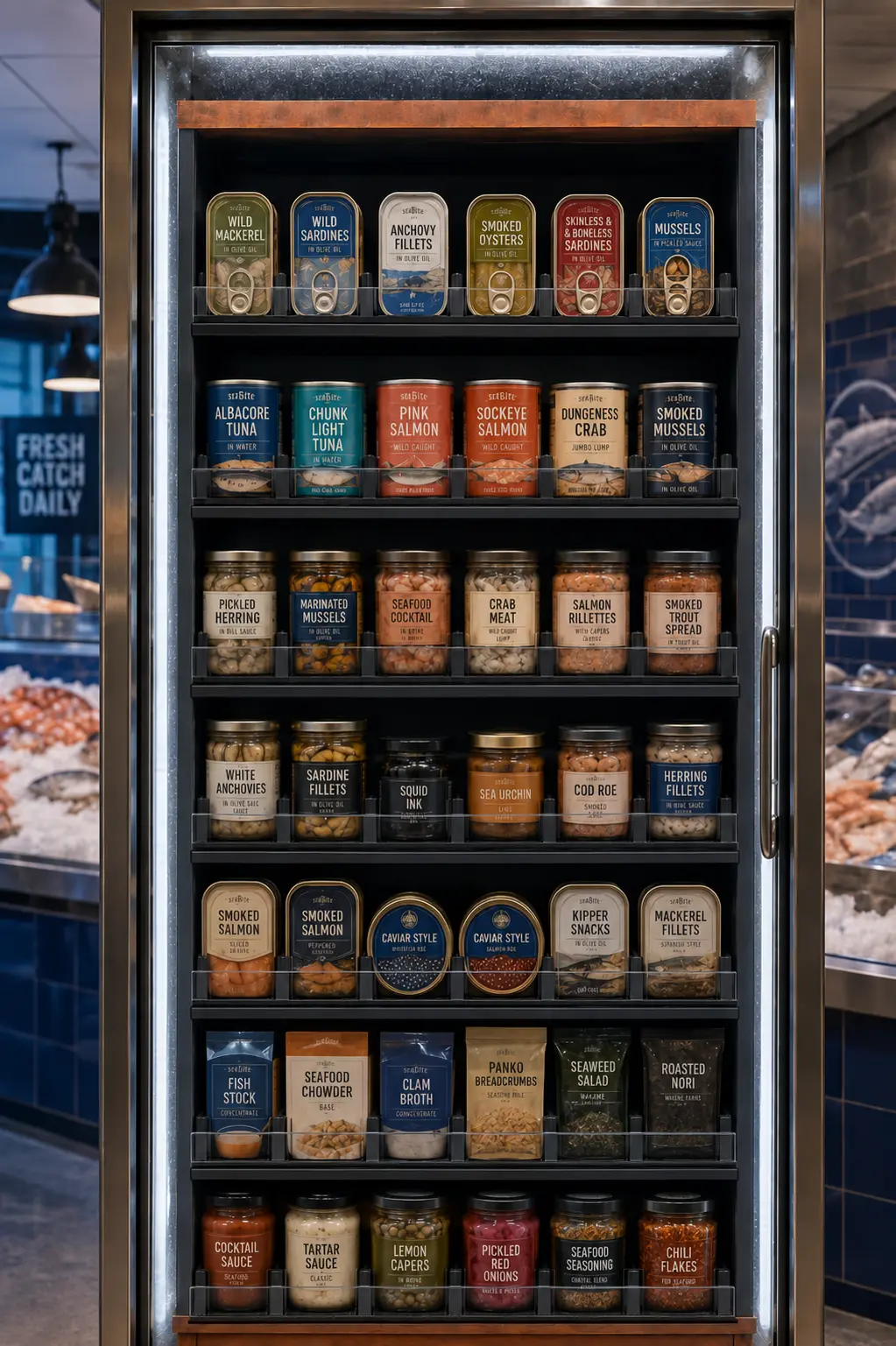Colonne de conserves de poisson — Gestion de tablettes pour poissonneries | Concept P.O.S. Colonne haute de conserves et de bocaux de poisson, devant le comptoir réfrigéré de la poissonnerie