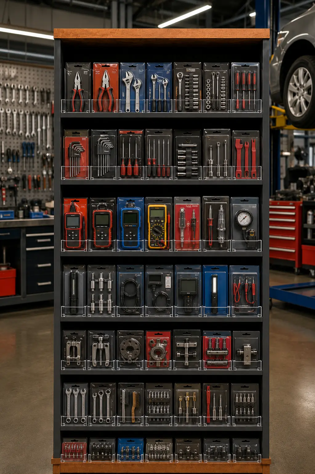 Small auto parts and spark plugs in narrow faced rows, service bay visible behind