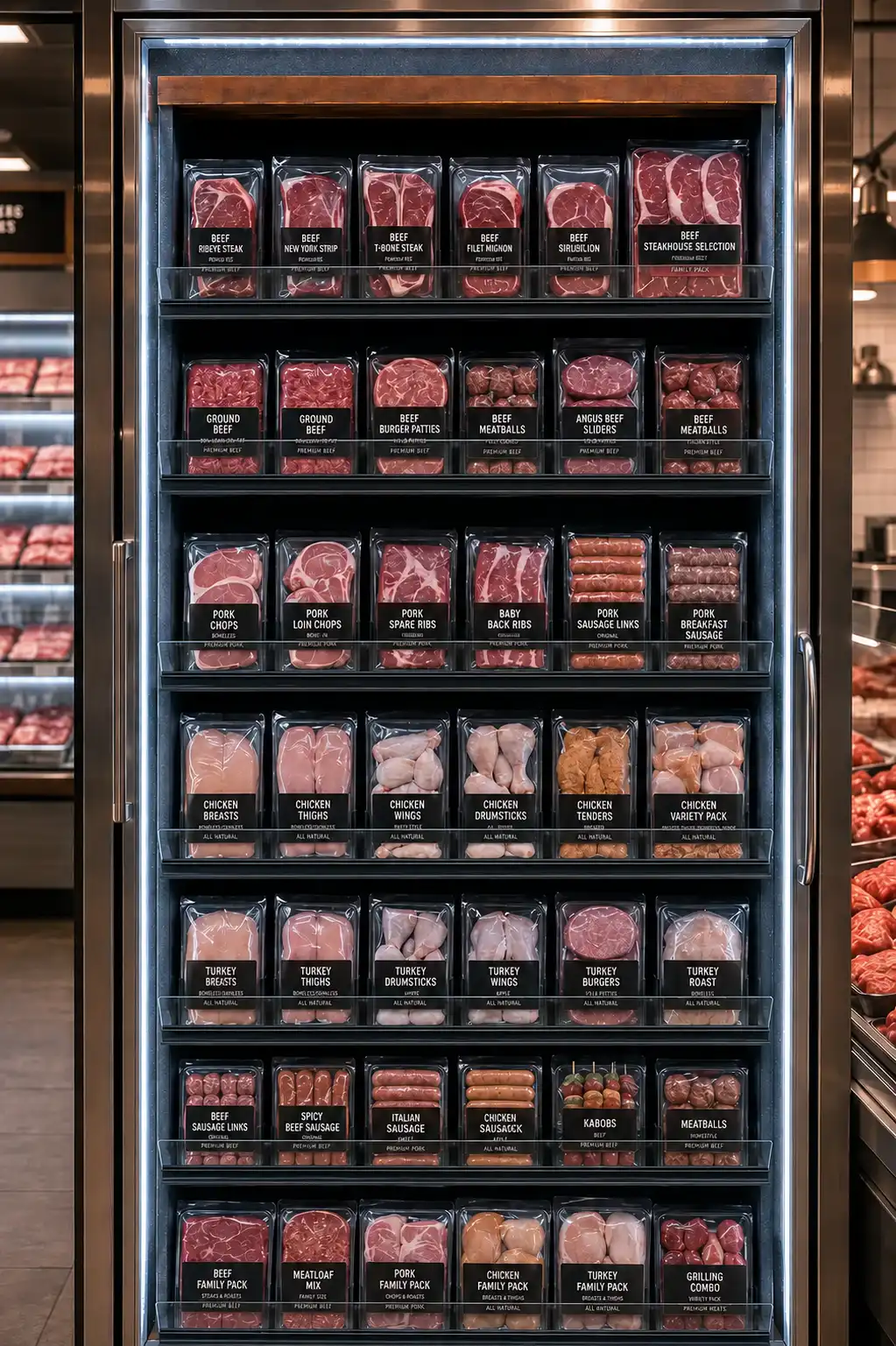 Butcher shop case front view — Shelf Management Systems for Butcher Shops | Concept P.O.S. Front view of a butcher shop case, shelves packed with meat trays and price tags