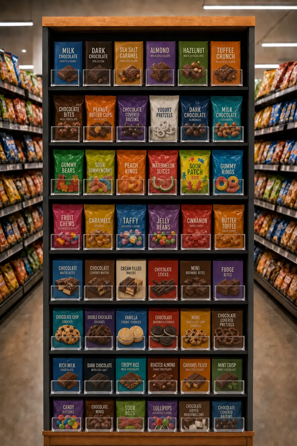 Gondole de collations pleine du haut en bas, allée du magasin floue à l'arrière-plan