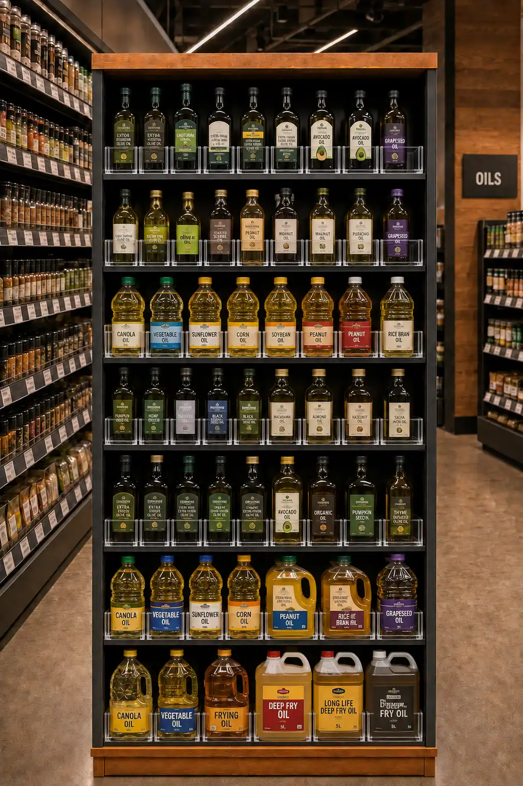 Rayon complet d'huiles de cuisson sur cinq tablettes, bouteilles serrées entre des séparateurs