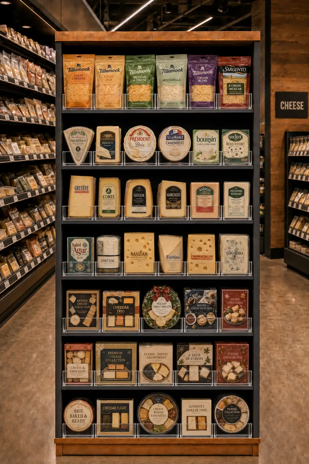 Gondole de fromages : blocs emballés sur les tablettes hautes, meules et pointes au niveau des yeux