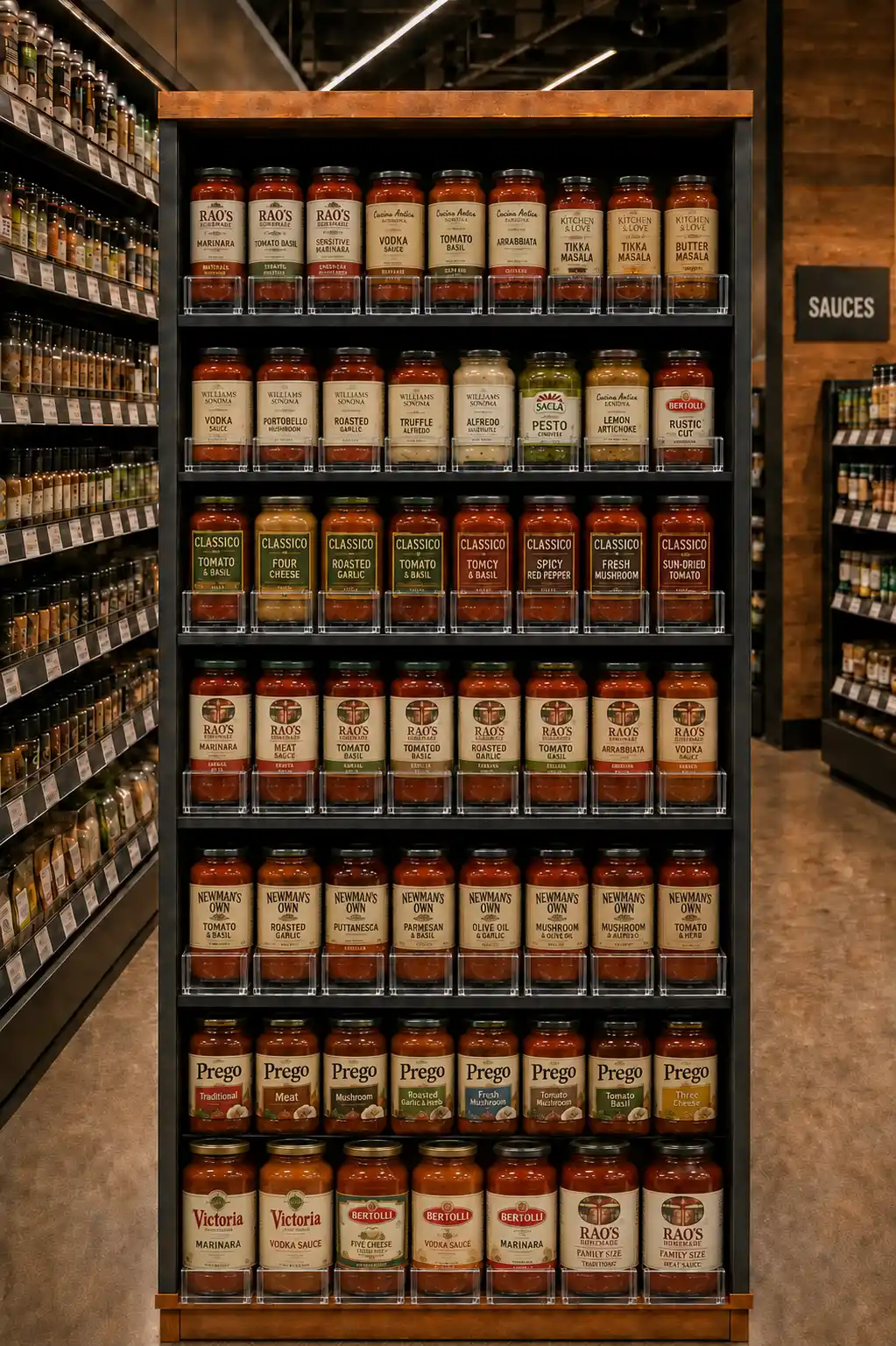 Tablettes hautes de sauces où les poussoirs ramènent chaque bouteille vendue vers l'avant