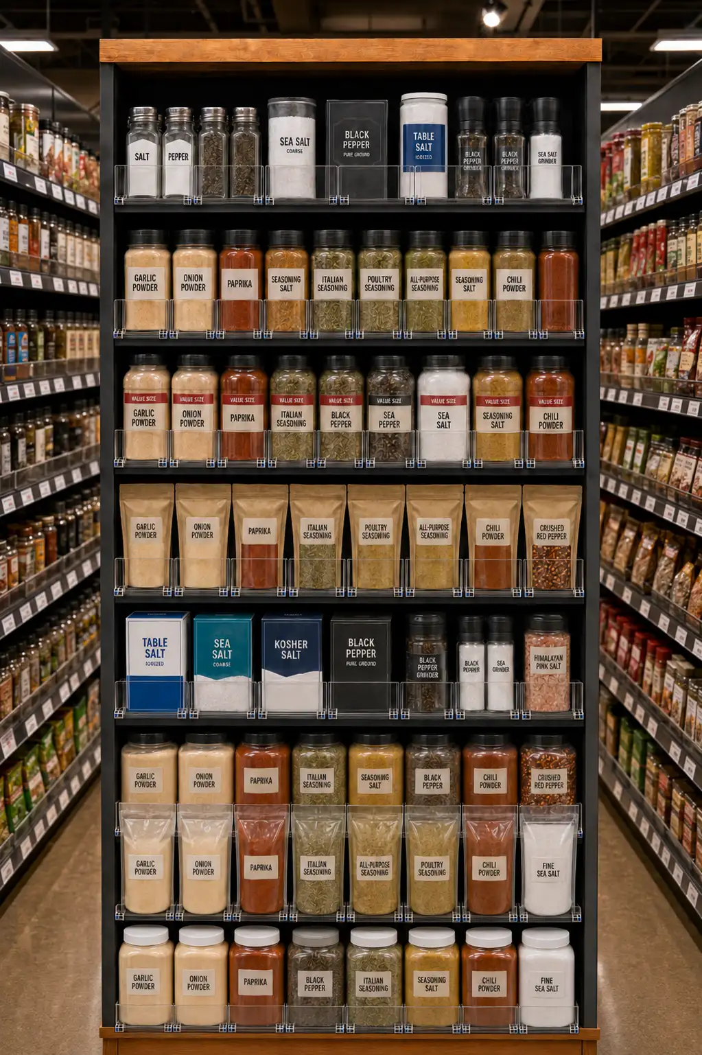 Clear spice jars on light shelves, each column framed by its own divider and track