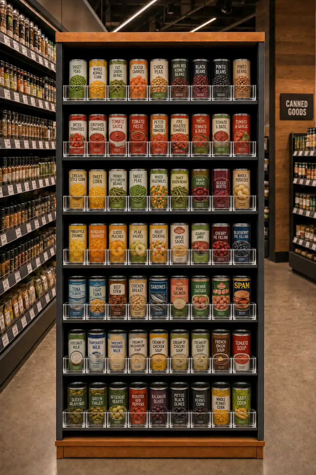 Gondole de conserves en allée d'épicerie, tablettes noires et moulures d'affichage de prix