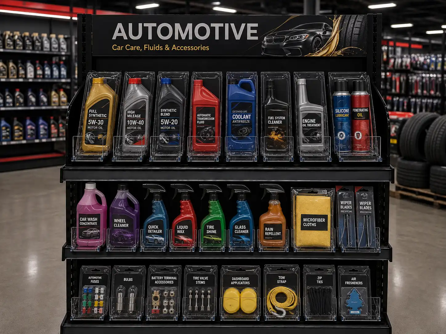 Car care fluids and boxed items in an auto parts store, dividers for bottles, pushers for boxes