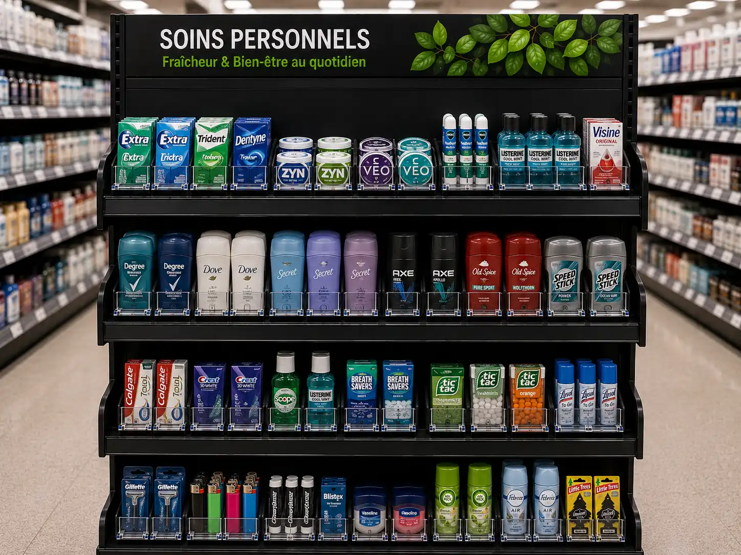 Fully stocked personal care unit — Personal Care Shelf Management Systems | Concept P.O.S. Front view of a full personal care display with price labels along the shelf edge