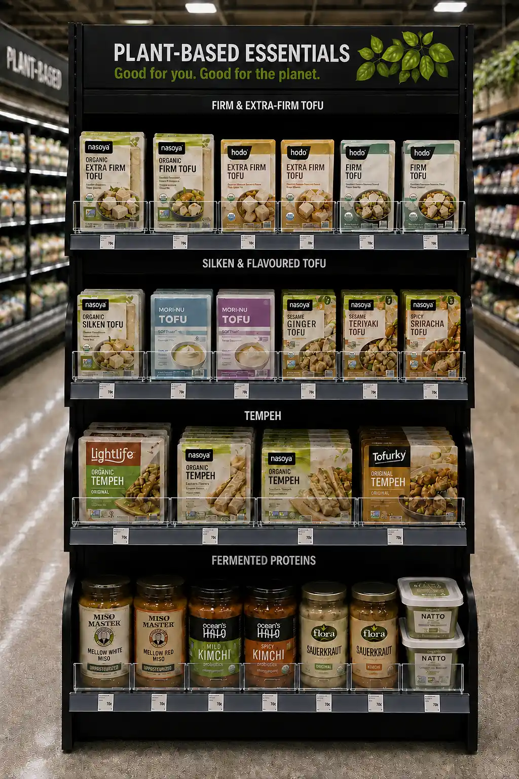 Petit présentoir végétal de trois tablettes, tofu et tempeh gardés en façade automatique