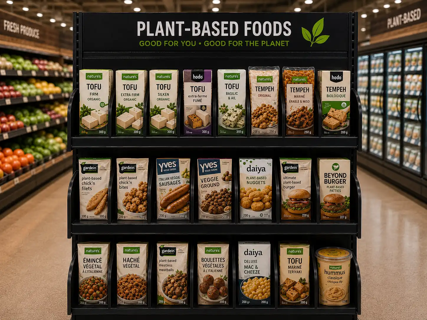 Îlot de produits végétaux devant le rayon des fruits et légumes, tablettes tenues pleines par les poussoirs