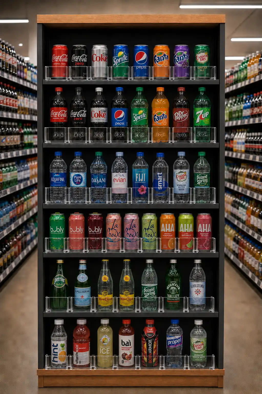 Gondole de quincaillerie vue de face : bouteilles colorées maintenues à égalité sur toute la largeur