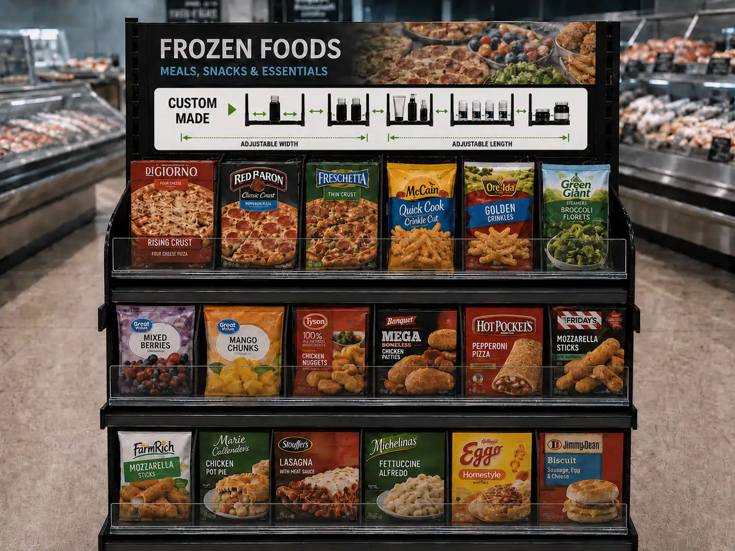 Tiered frozen foods display topped by a diagram showing the adjustable width of the pushers