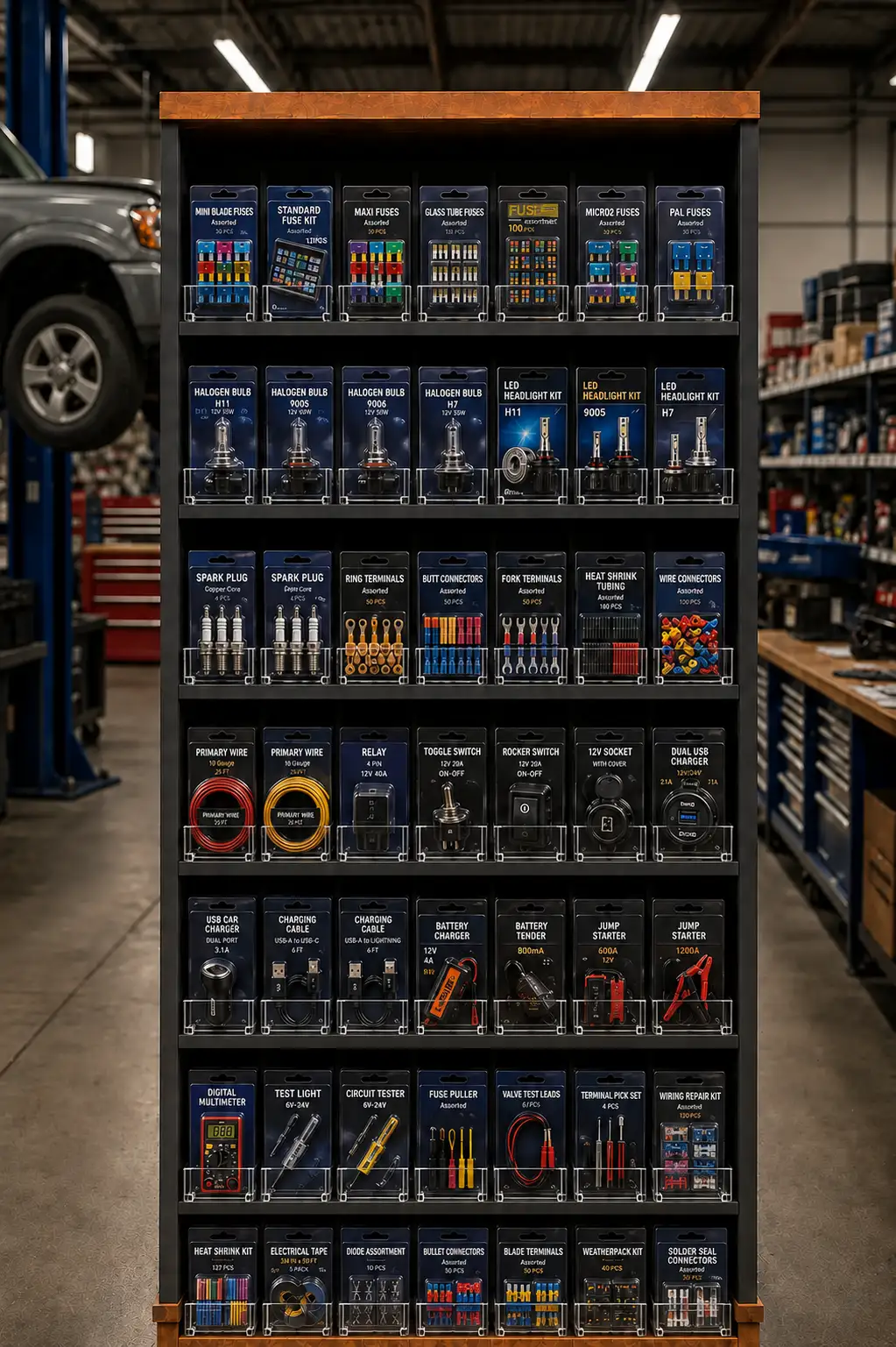 Narrow gondola of mechanical auto parts, each column held straight out to the shelf edge