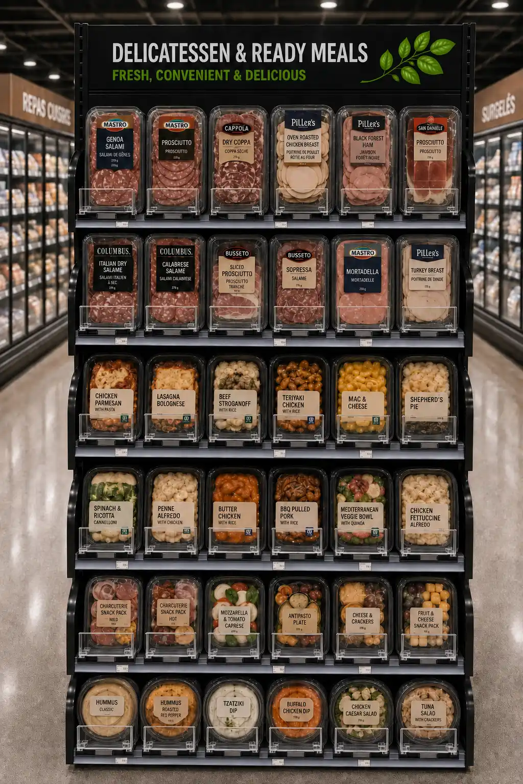Tablettes d'épicerie de charcuterie et repas préparés, gradins garnis grâce aux poussoirs