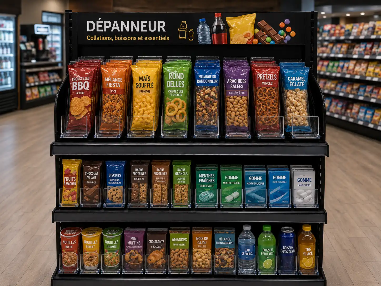 Angled-shelf convenience store display holding chip bags upright and tightly packed