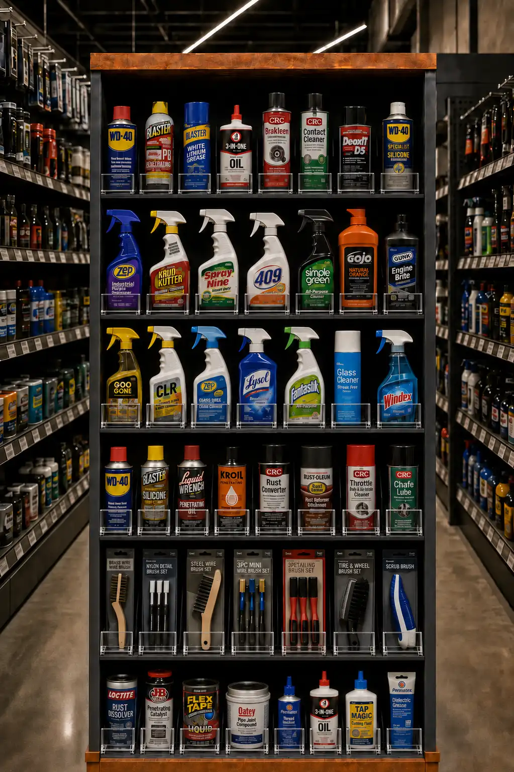 Produits nettoyants en vaporisateur — Poussoirs à tablettes pour quincailleries | Concept P.O.S. Nettoyants en vaporisateur d'une quincaillerie, chaque bouteille ramenée en façade automatique