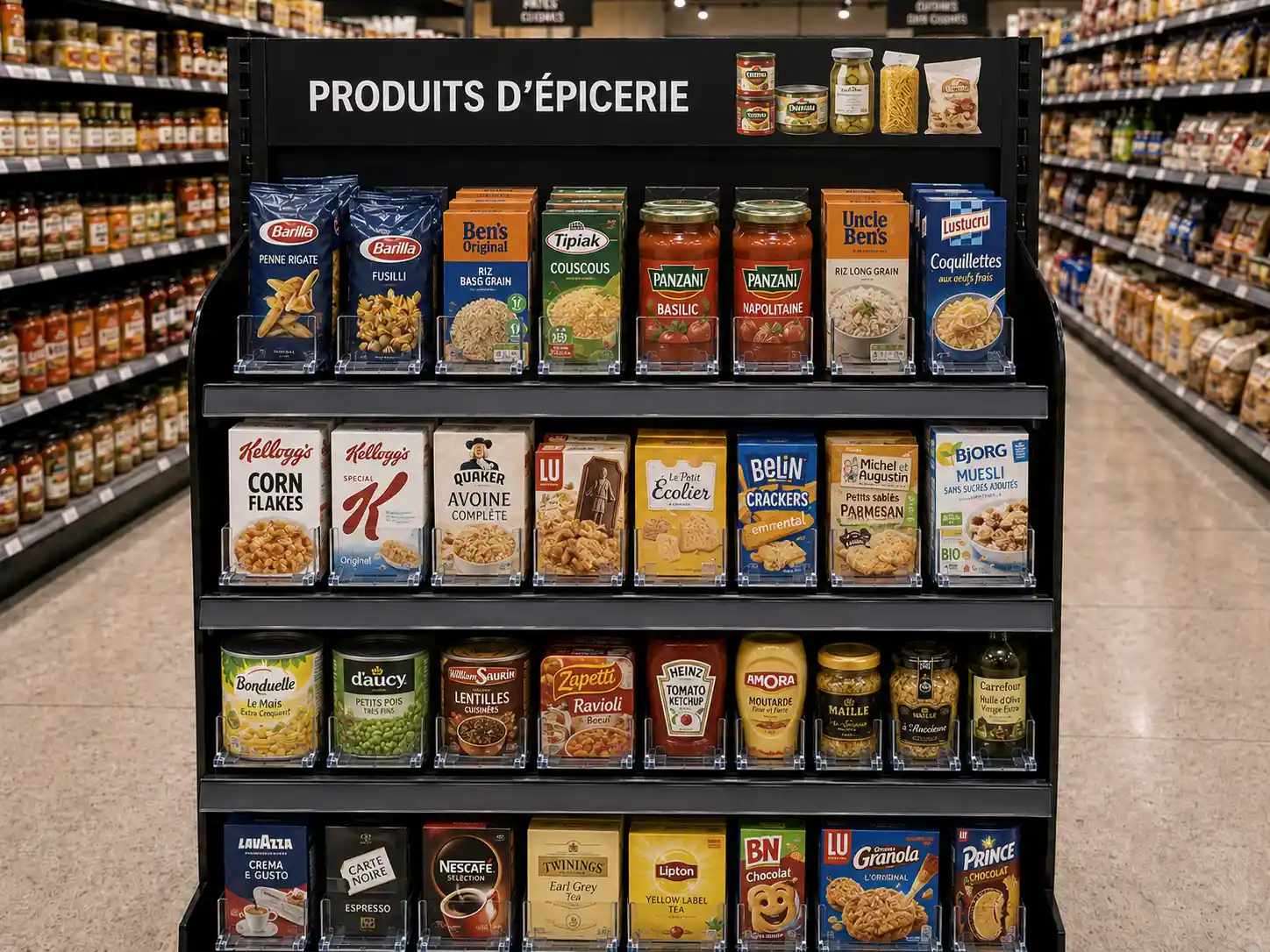 Bout de rangée de supermarché : boîtes de céréales et conserves ramenées au bord des tablettes