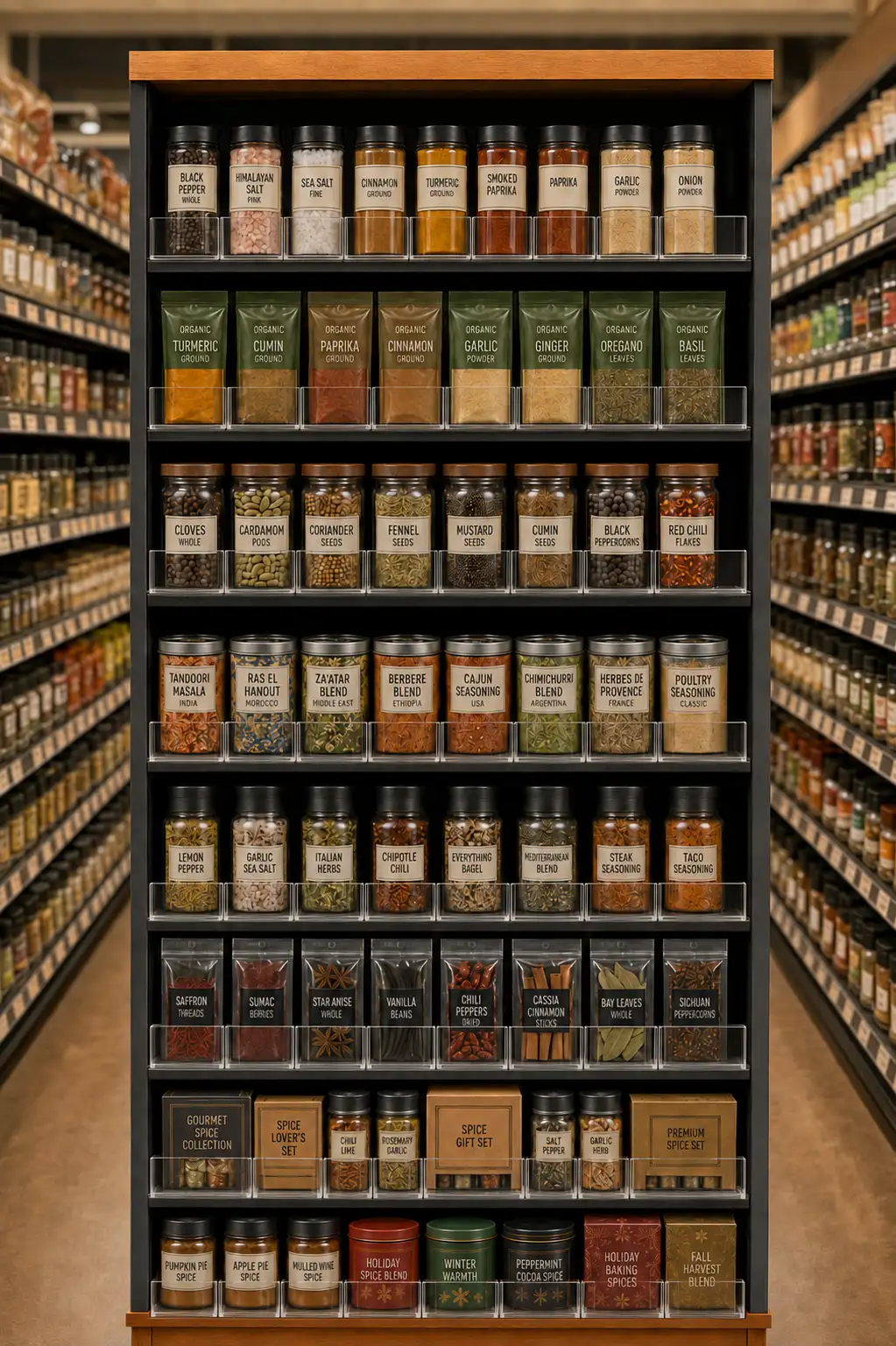 Well-stocked spice gondola in a centre aisle, every row pushed toward the shelf edge
