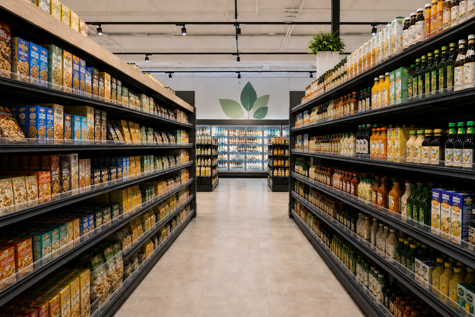 Allée centrale de supermarché : les deux côtés gardent un facing automatique parfaitement droit