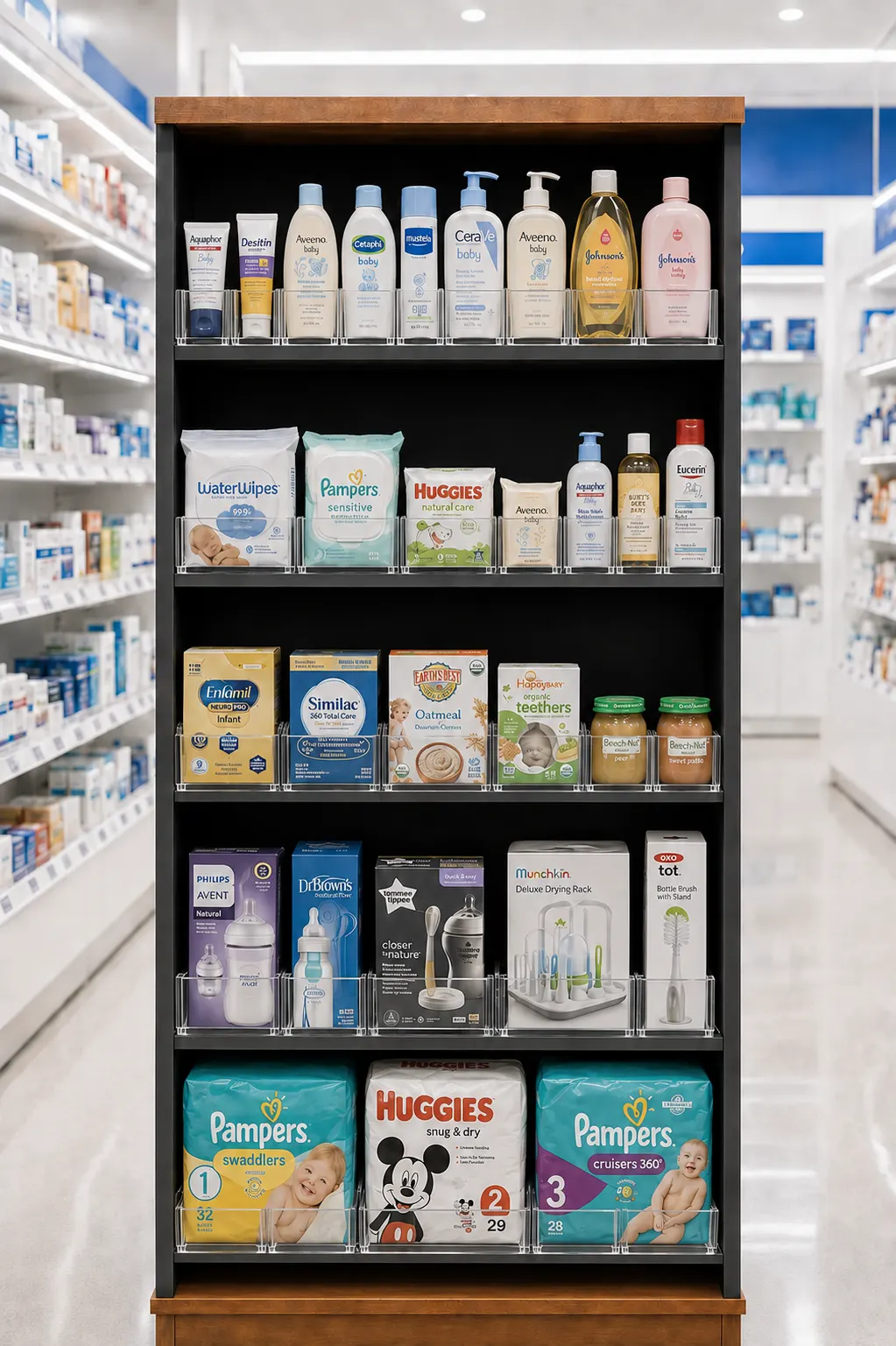 Tablettes de pharmacie avec flacons de soins en haut et emballages pour bébé sur le bas