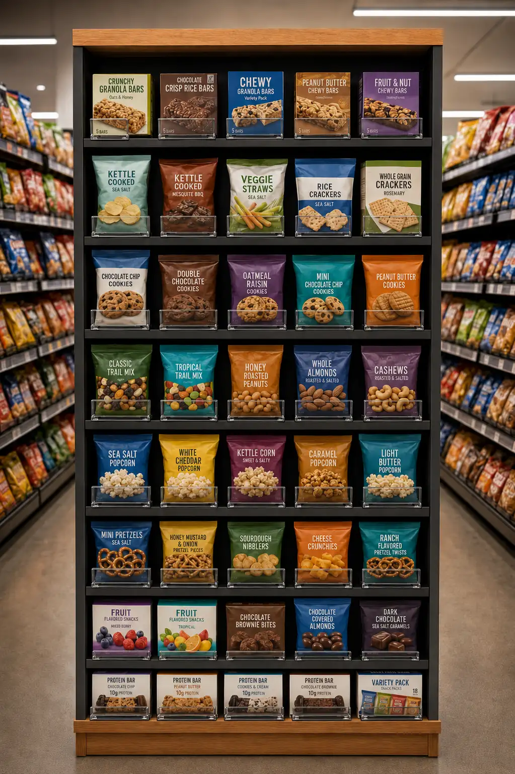 Présentoir de collations à base de bois, sachets alignés en profondeur sur chacune des tablettes