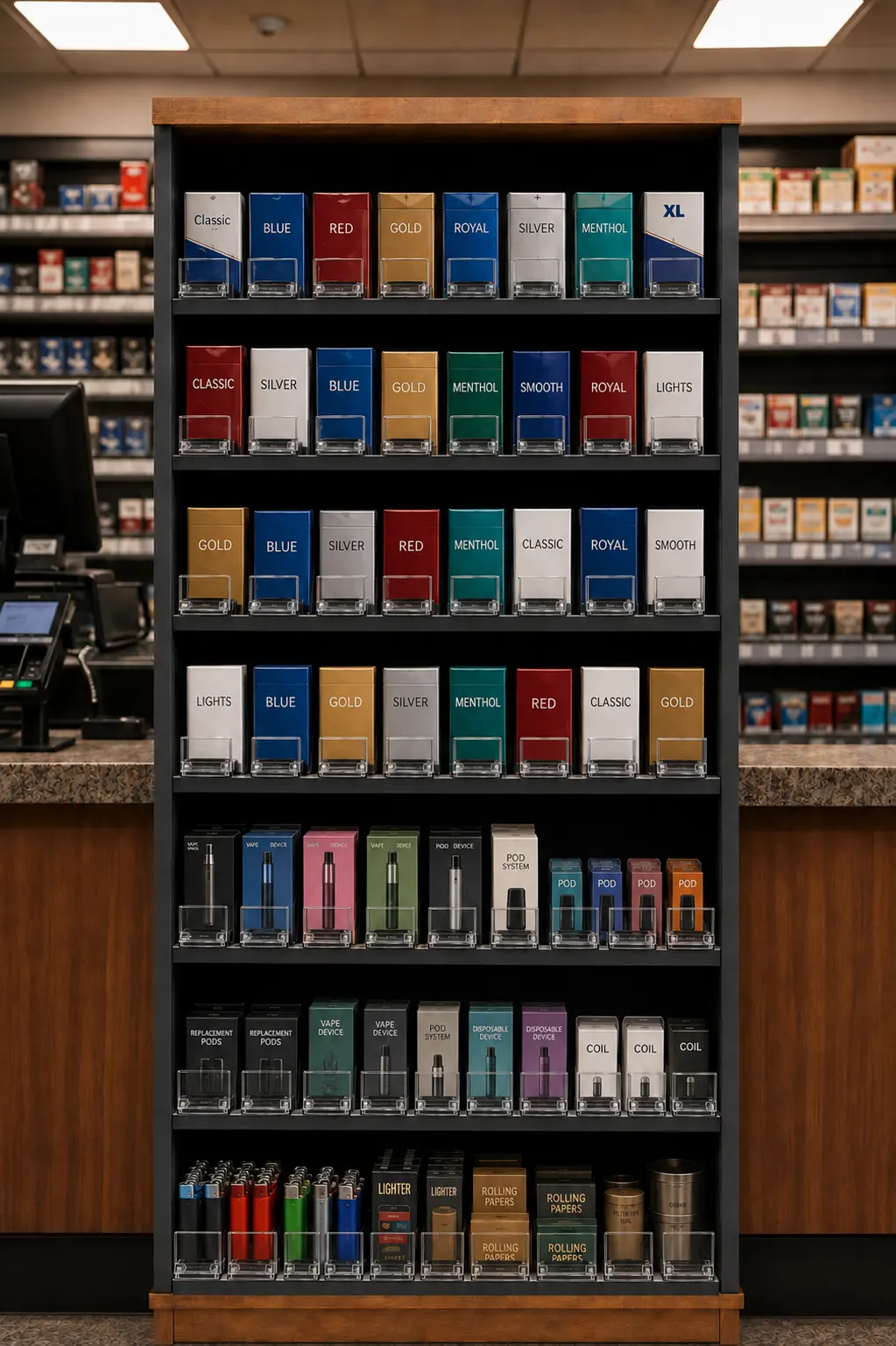 Behind-counter convenience store display with small packs aligned column by column