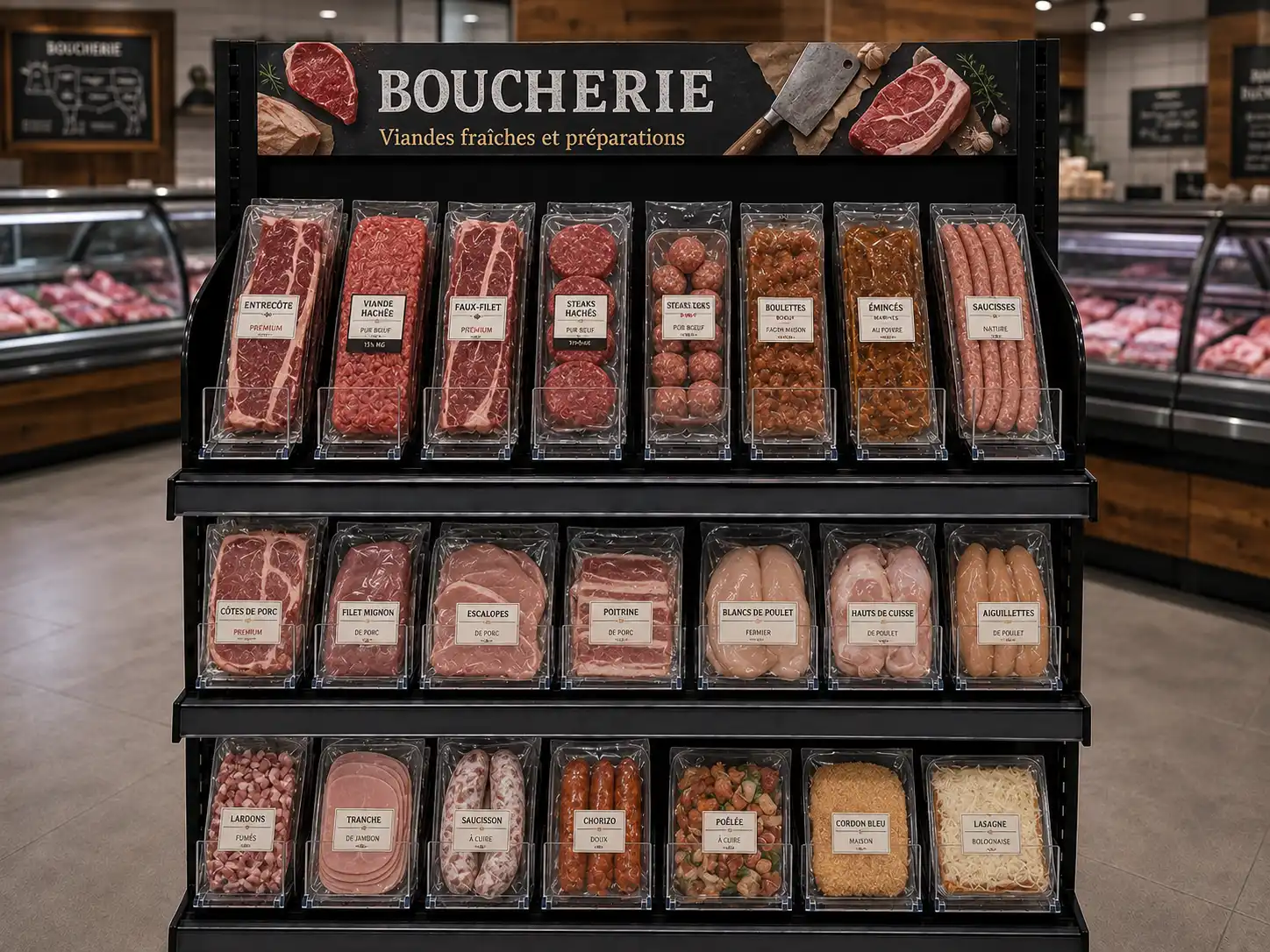 Display near butcher counter — Shelf Management Systems for Butcher Shops | Concept P.O.S. Butcher shop display in front of the service counter, fresh meats faced forward