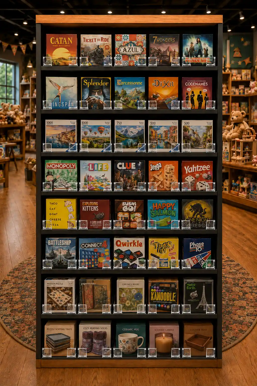 Rayon de jouets bien garni, rangées de boîtes de jeux gardées à l'avant de la tablette