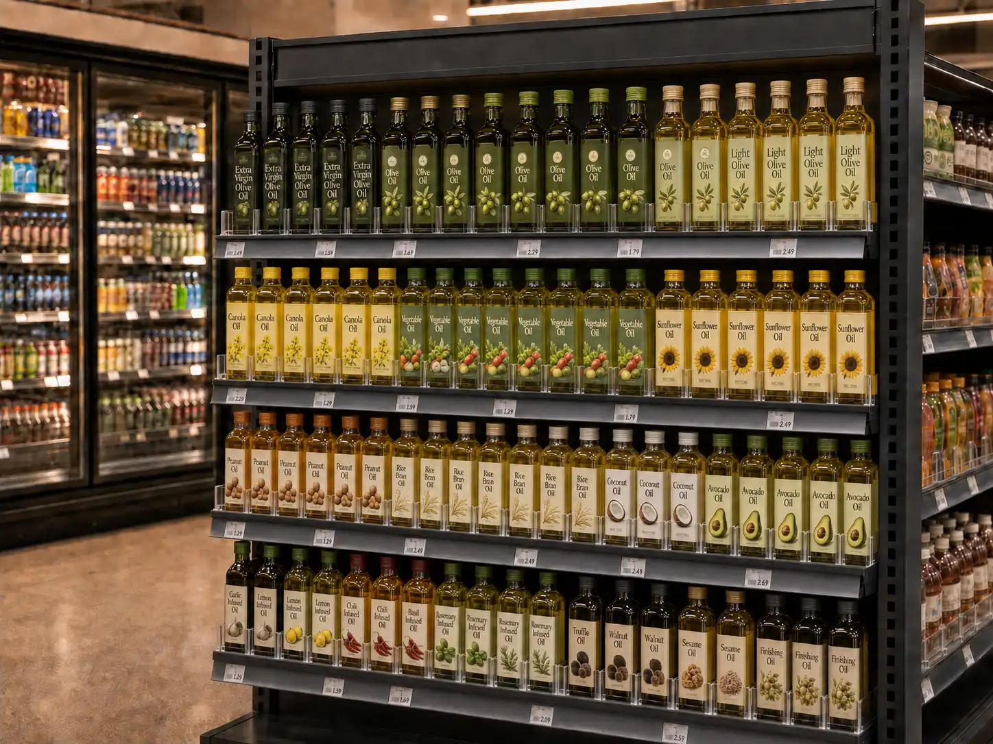Allée d'épicerie vue en biais : les huiles de cuisson s'alignent sur toute la longueur du rayon