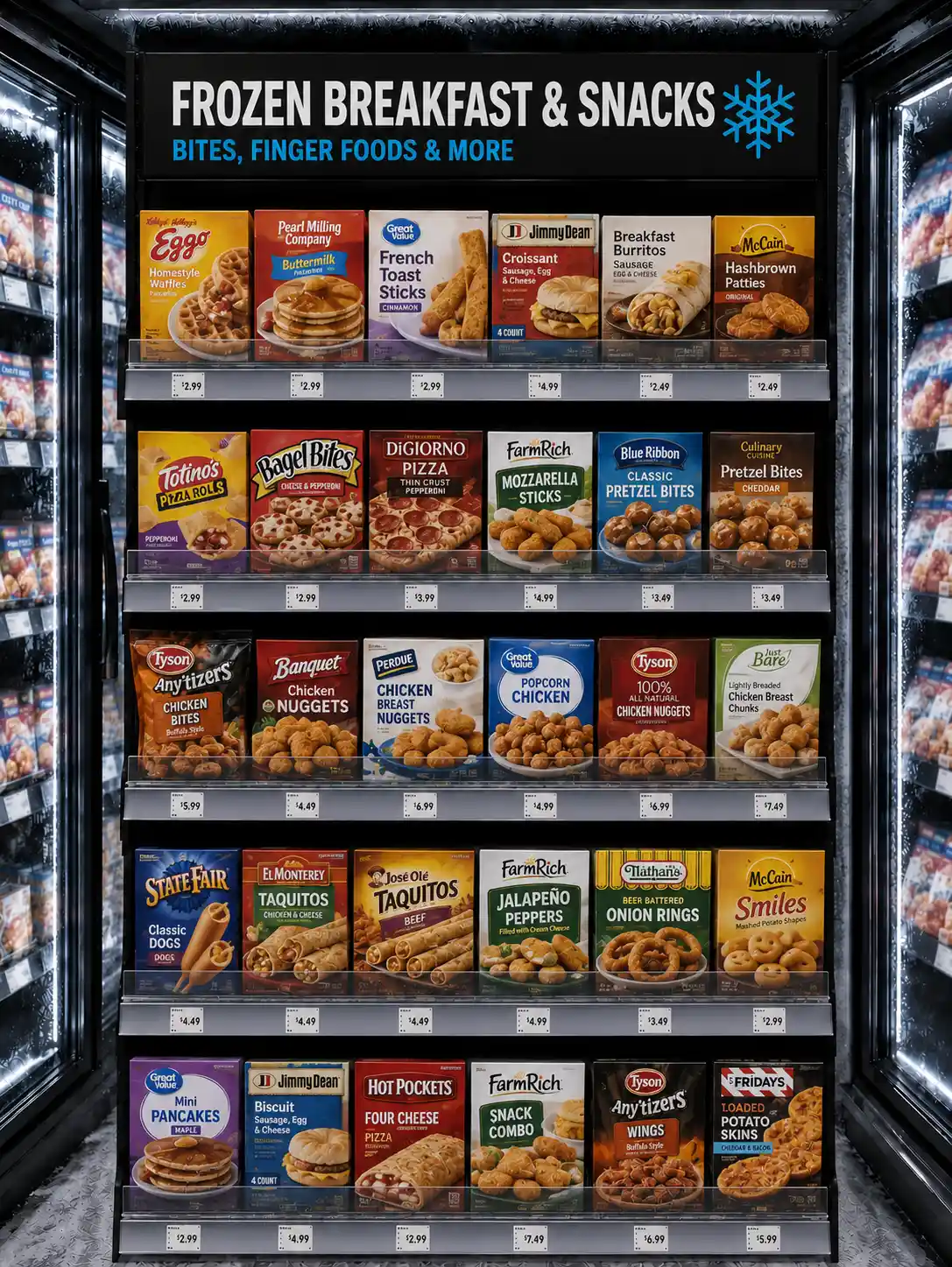 Frozen breakfast and snack section with a price display moulding running along each shelf