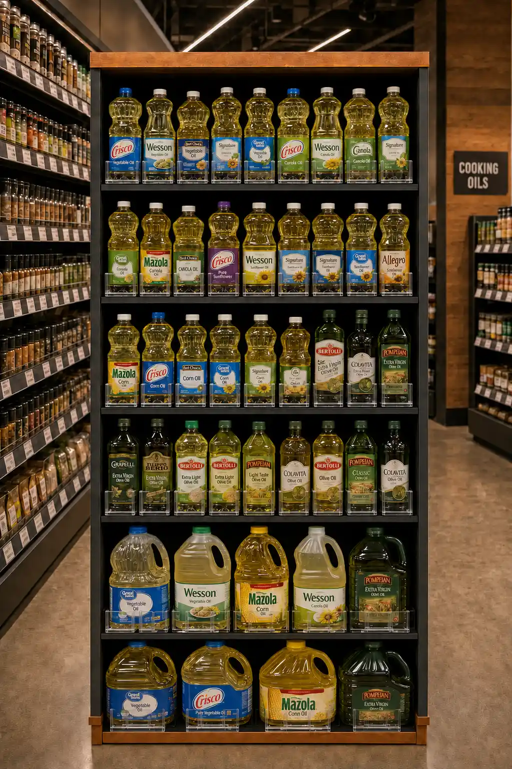 Tablettes d'huiles de cuisson dont les grands formats du bas sont retenus par des séparateurs