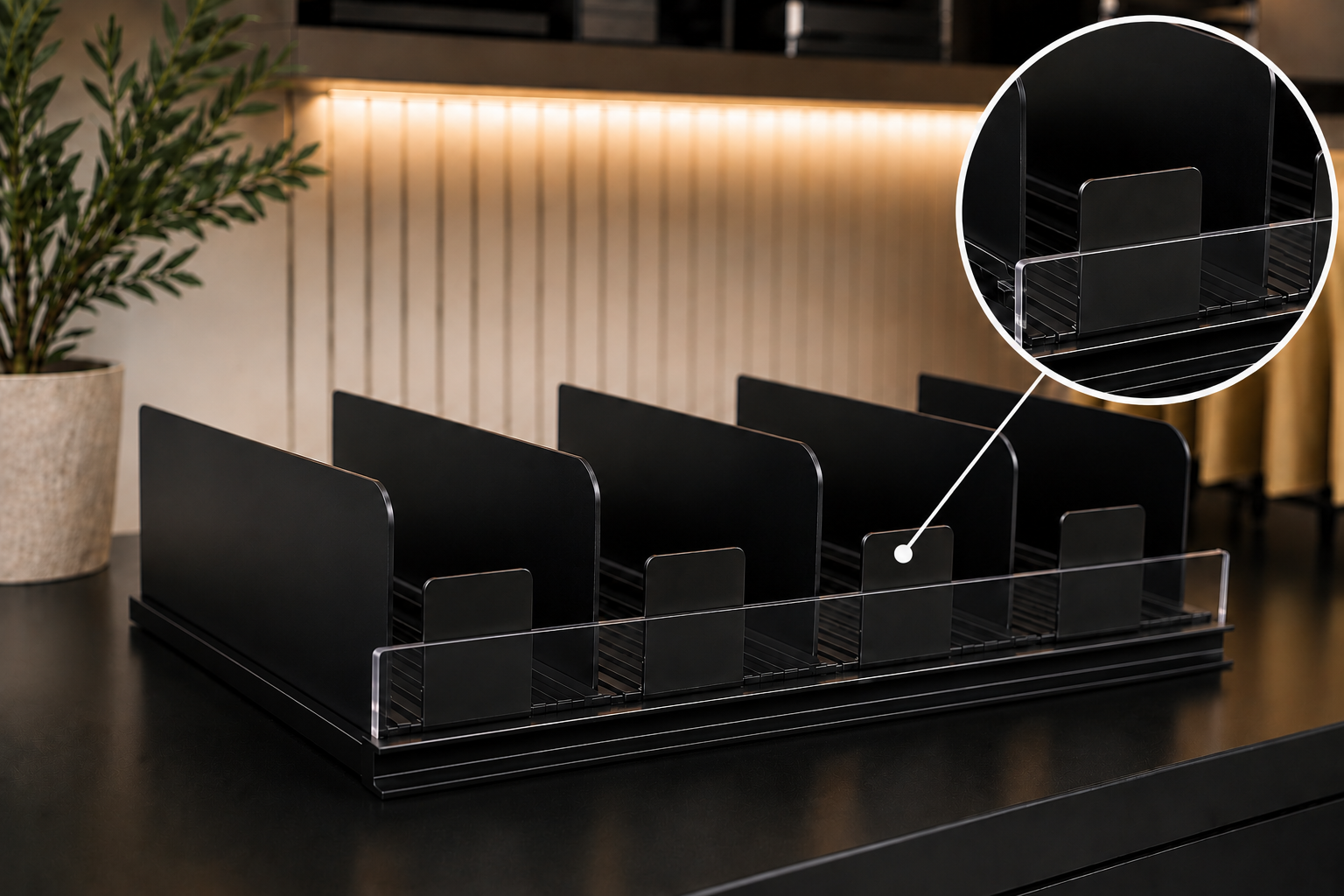 Black five-lane Blizzard assembly with a magnified inset on one divider, transparent front retainer running the full width