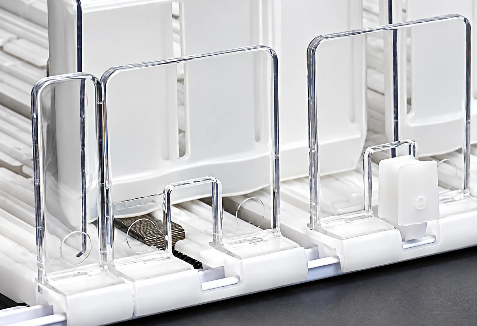 Clear front stoppers of the PRESTIGE — PRESTIGE Shelf Pusher System | Concept P.O.S. Clear front stoppers at the head of PRESTIGE tracks, with the spring and the white pull-tab visible