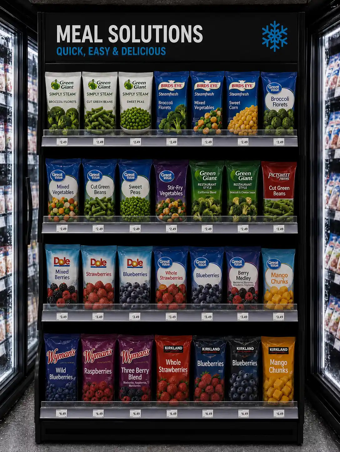 Bags of frozen vegetables and meal boxes held upright by pushers from the top shelf down