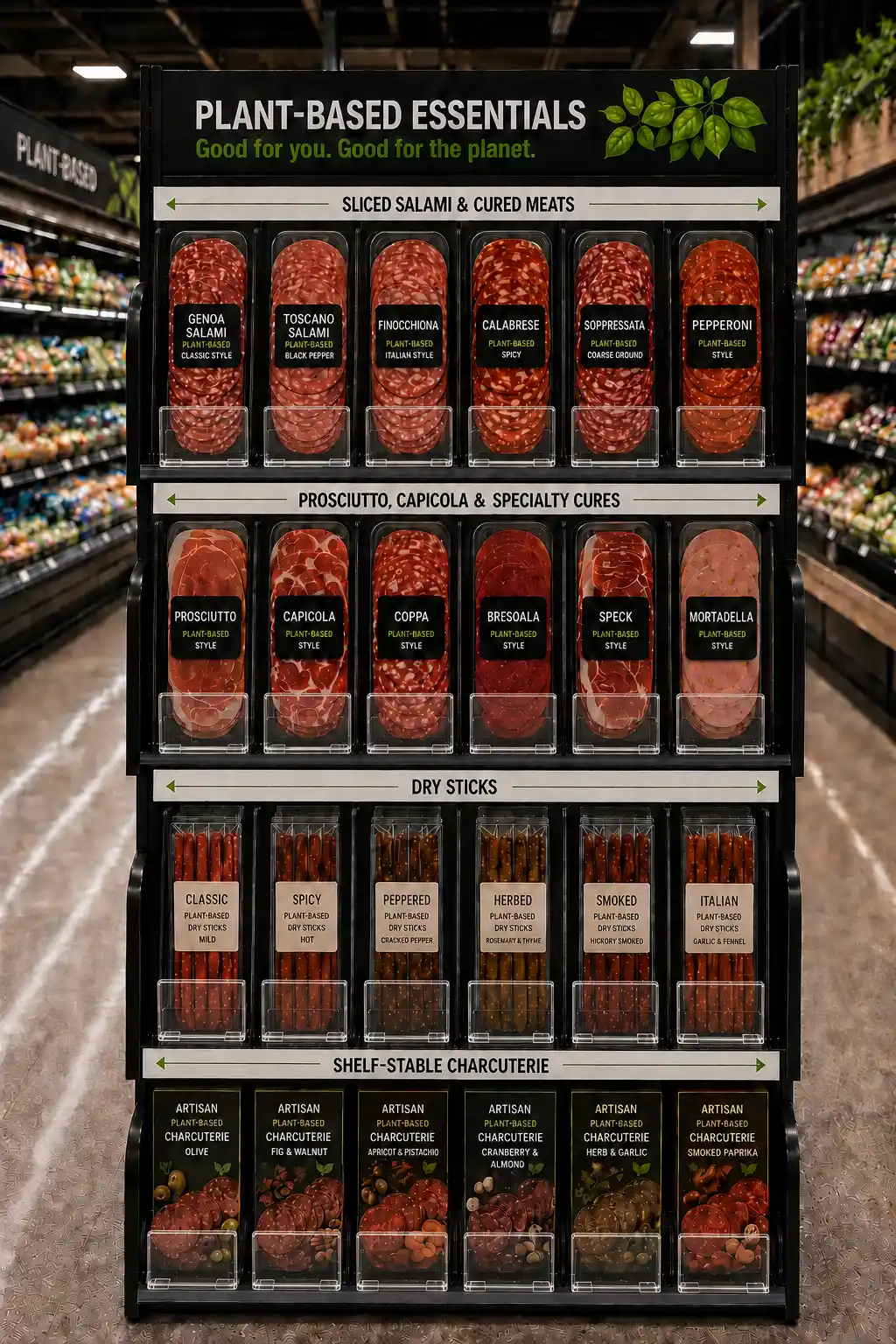 Colonne de charcuterie végétale — Systèmes de poussoirs à tablettes pour charcuterie | Concept P.O.S. Colonne de charcuterie végétale sur tablettes noires avec séparateurs et étiquettes de prix