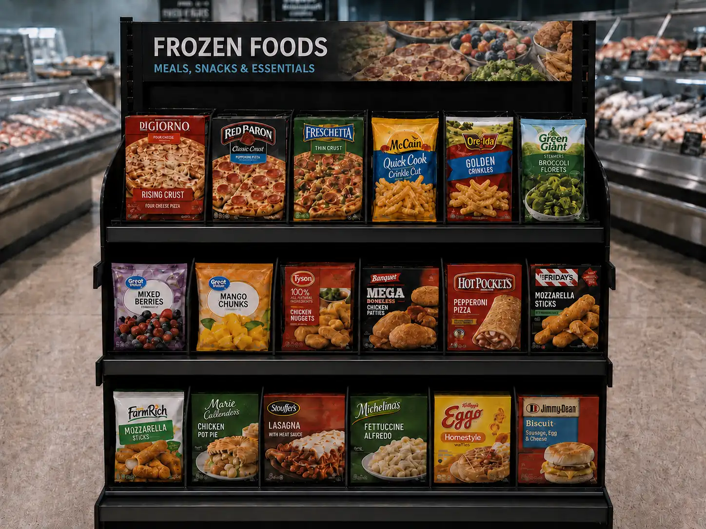 Three-tier frozen foods display set before a chilled counter, products aligned at the edge