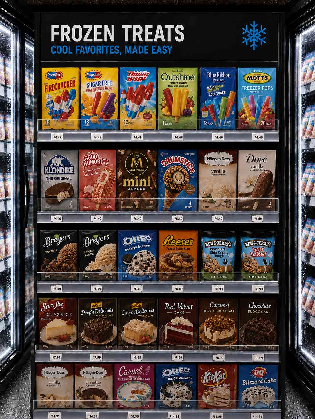 Ice cream novelties and frozen desserts pushed forward to the front edge of every shelf