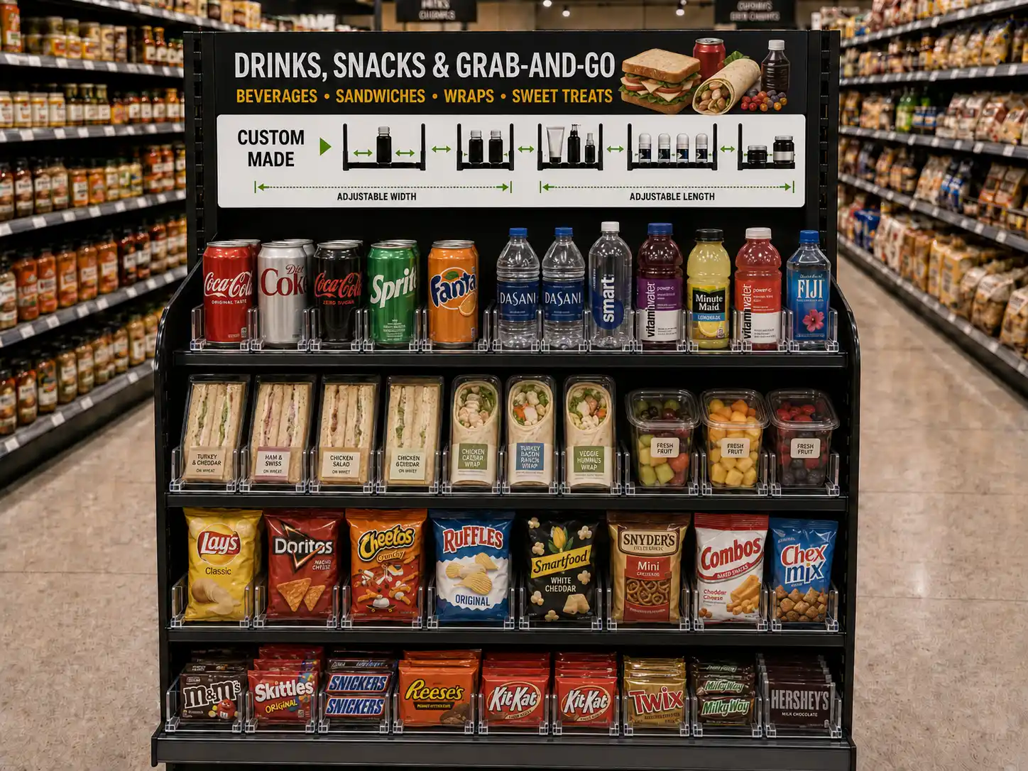 Moulure d'affichage de prix sur mesure en façade d'un micro-marché, au-dessus des canettes et collations