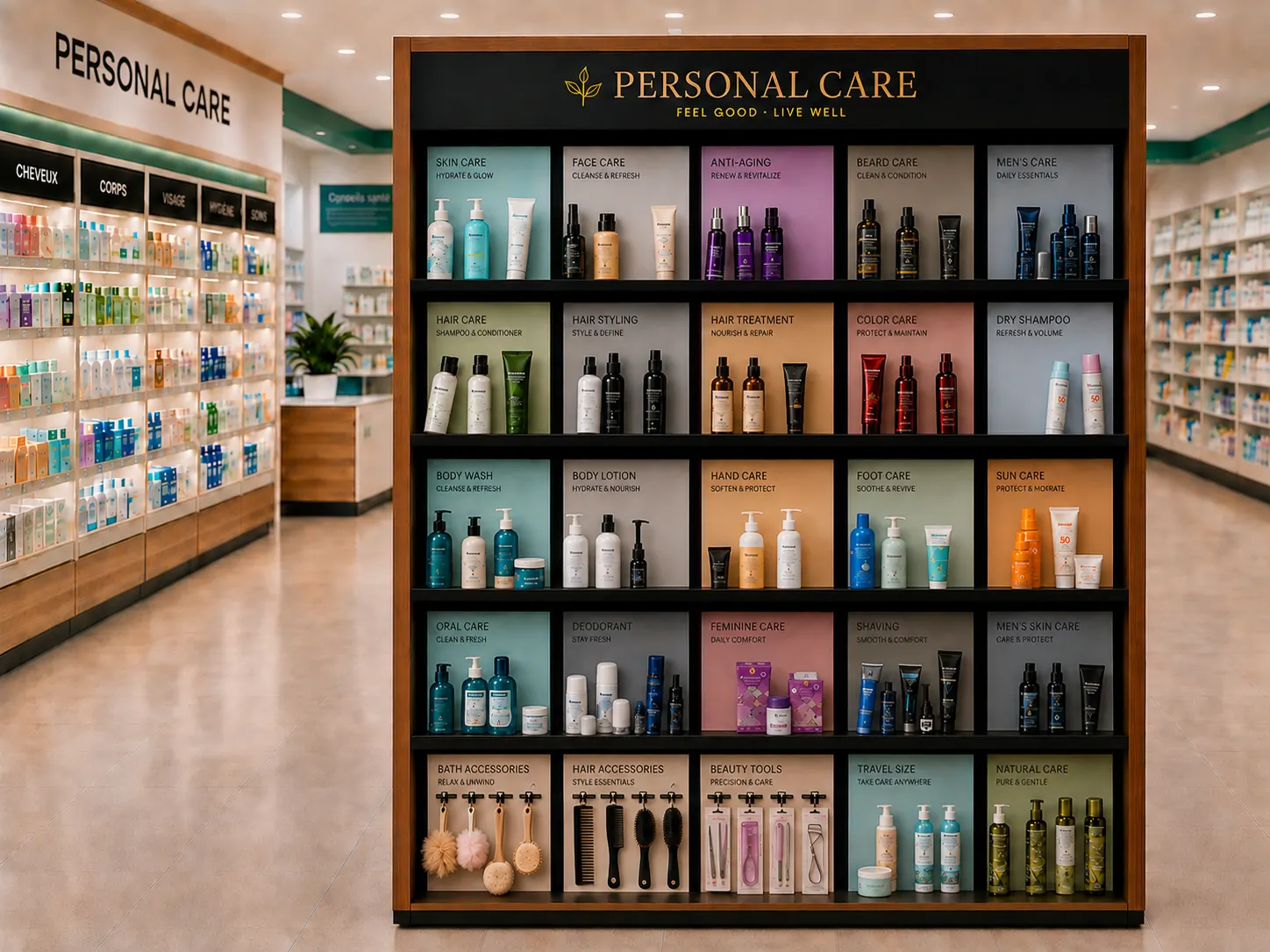 Wooden personal care display unit — Personal Care Shelf Management Systems | Concept P.O.S. Large wooden personal care display with compartments framed by shelf dividers