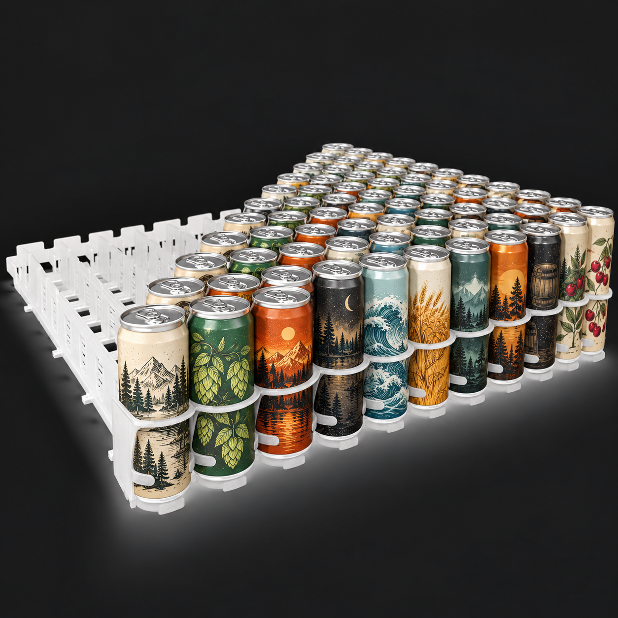 Canettes de bière empilées sur deux niveaux dans un présentoir à voies blanches