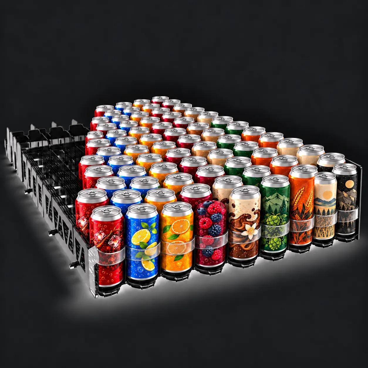 Voies de canettes avec bandes de retenue — Concept P.O.S. Canettes de boissons alignées dans des voies noires, retenues à l'avant par des bandes transparentes