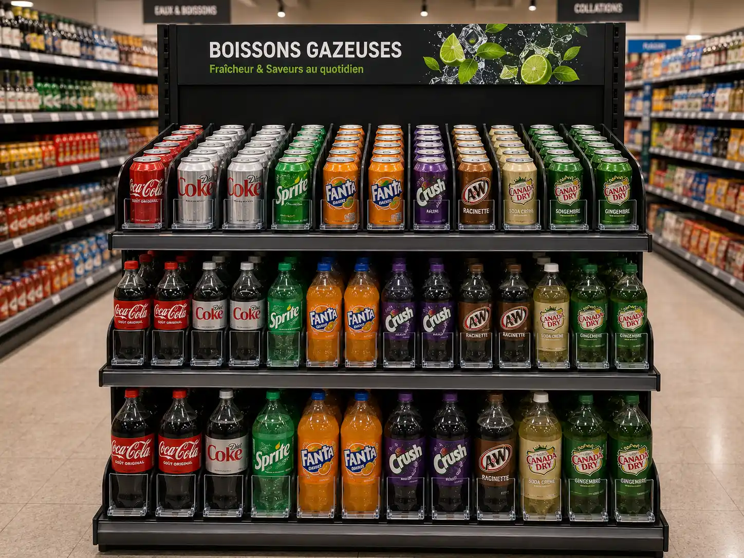 Angled-shelf beverage display keeping soda bottles and cans in tidy, straight rows