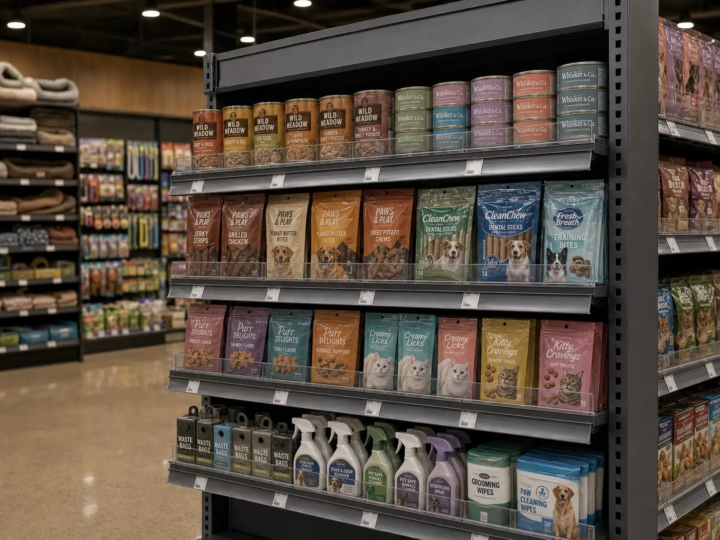 Rayon d'animalerie vu en perspective : sacs, gâteries et produits d'entretien alignés en tablette