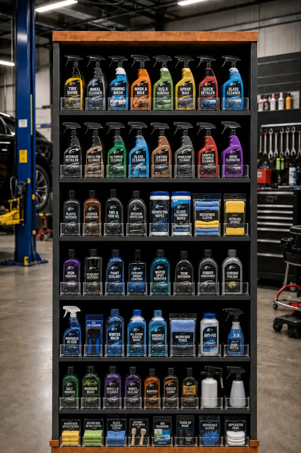 Automotive fluids and additives sorted into columns by dividers in an auto parts aisle