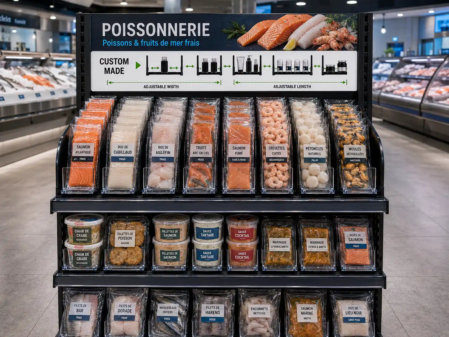 Présentoir de poissonnerie sur mesure — Gestion de tablettes pour poissonneries | Concept P.O.S. Présentoir de poissonnerie sur mesure, barquettes de saumon et de crevettes inclinées vers le client