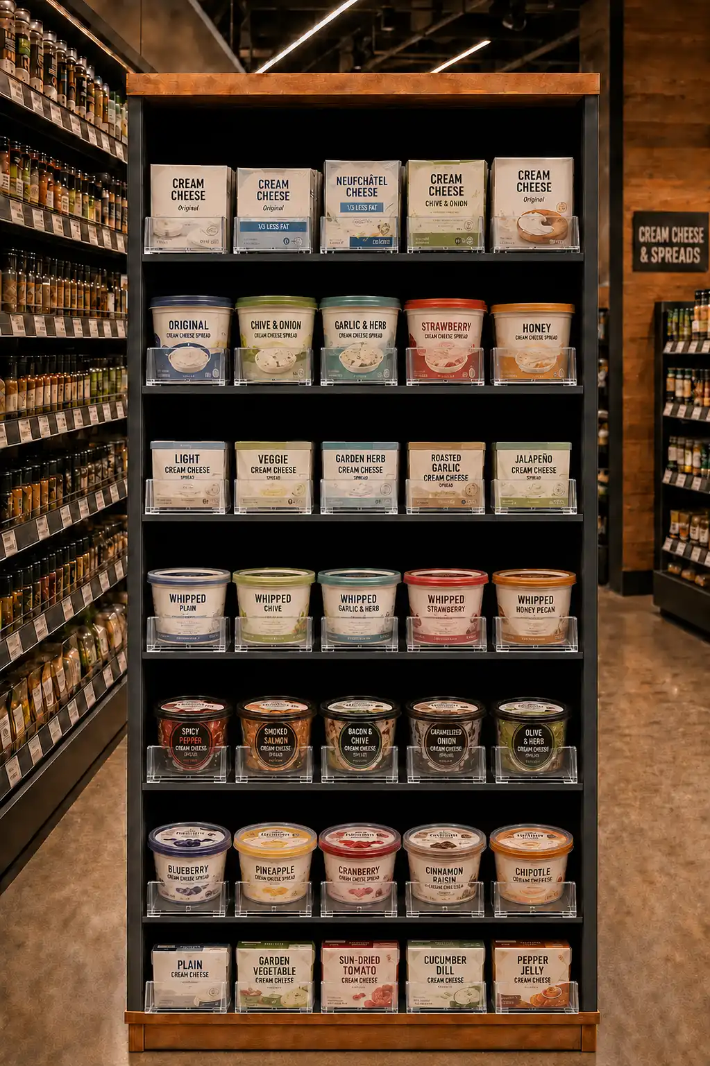 Tablettes de fromages emballés surmontant une rangée de contenants ronds, vue de face en magasin